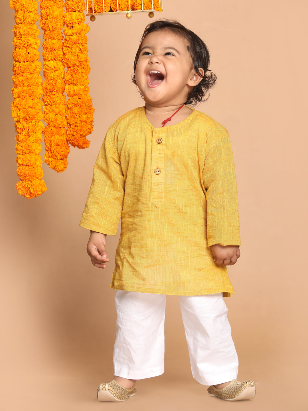 VASTRAMAY SISHU Boys' Yellow Cotton Kurta and White Pyjama Set - qivii