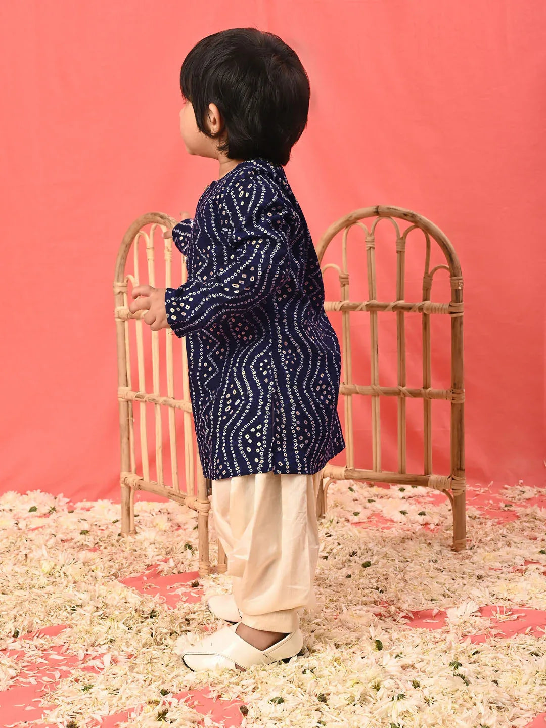 Boy's' Navy Blue Bandhni Kurta And Patiala Set