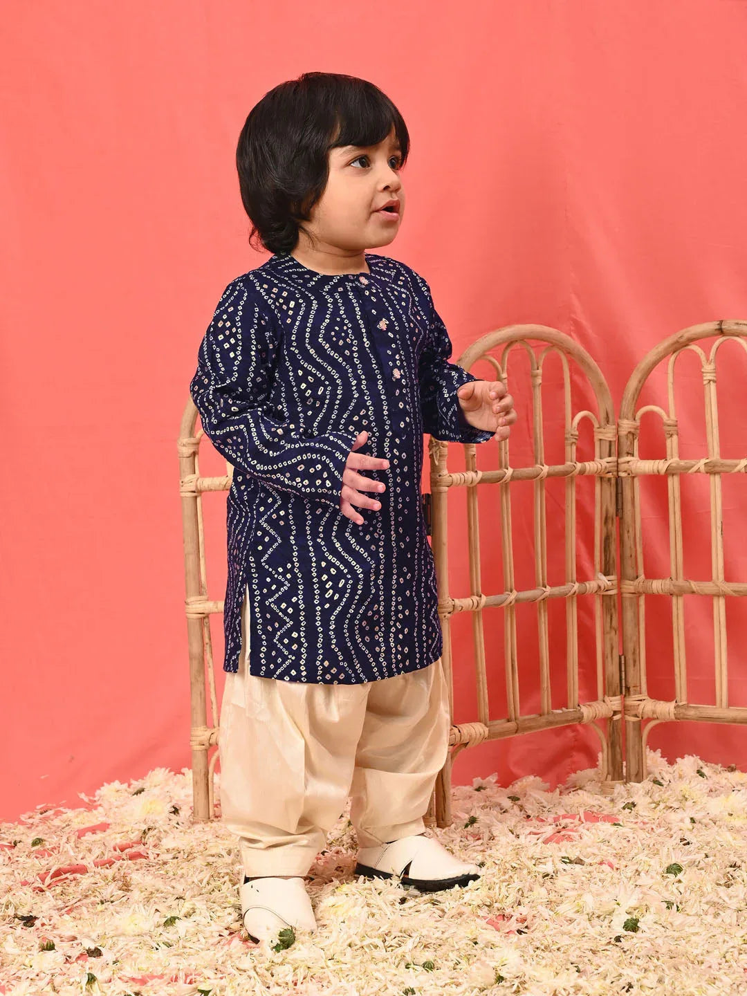 Boy's' Navy Blue Bandhni Kurta And Patiala Set