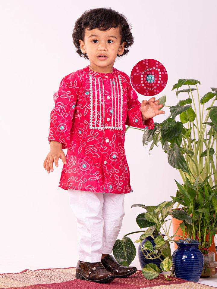 Vastramay Infant Boys Pink And White Cotton Kurta Pyjama Set