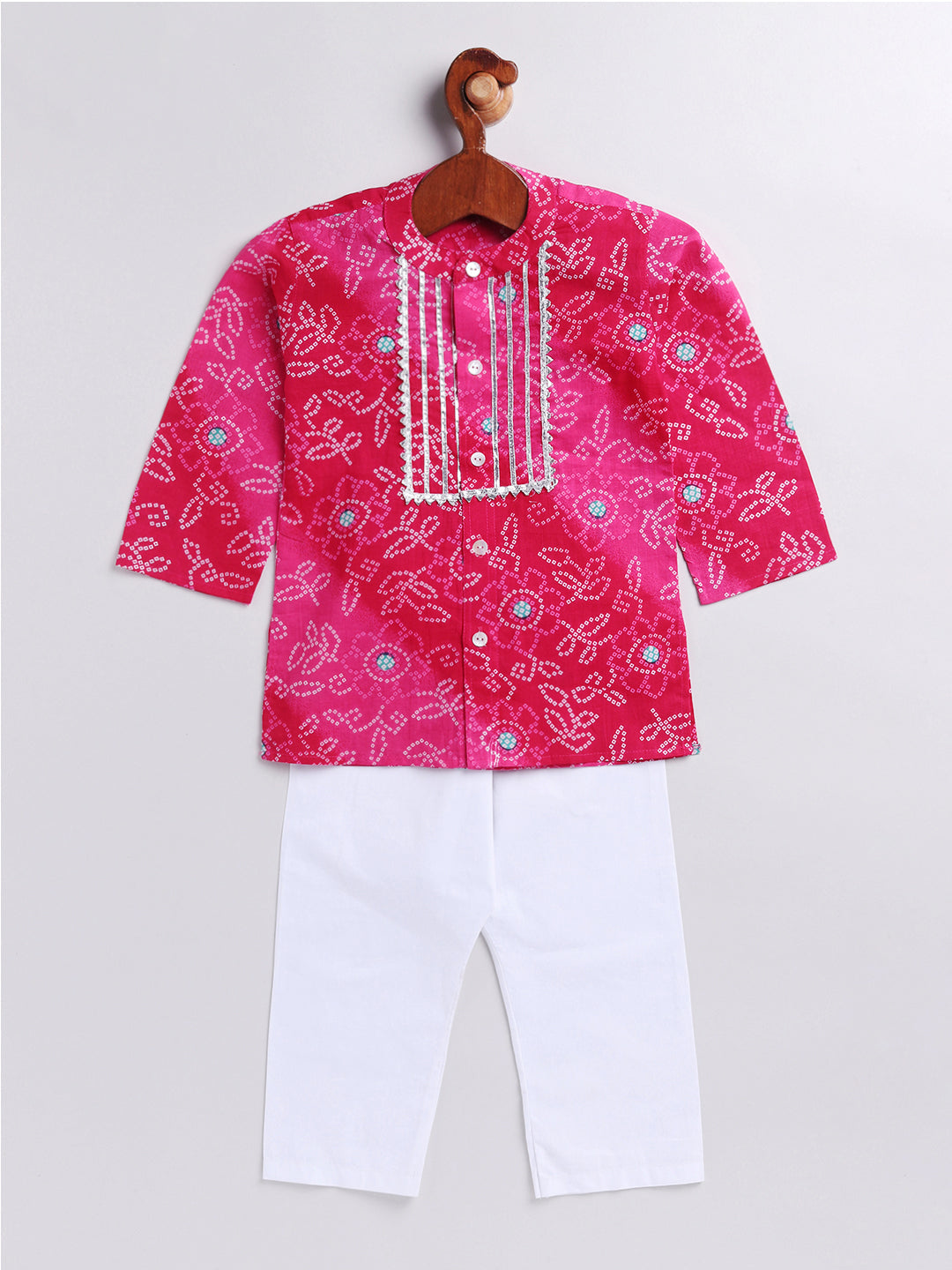 Vastramay Infant Boys Pink And White Cotton Kurta Pyjama Set