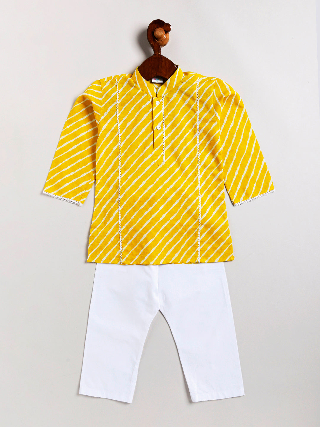 Vastramay Infant Boys Yellow And White Cotton Kurta Pyjama Set