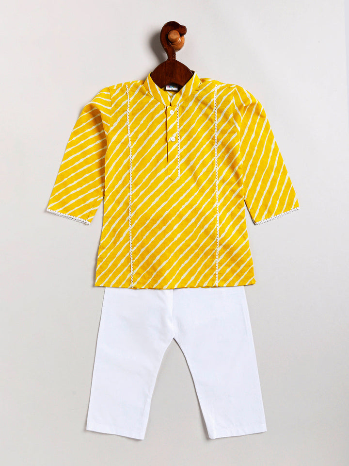 Vastramay Infant Boys Yellow And White Cotton Kurta Pyjama Set