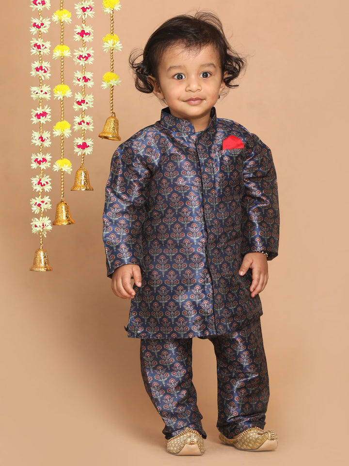 VASTRAMAY Boy's Navy Blue Floral Printed Kurta And Pyjama Set