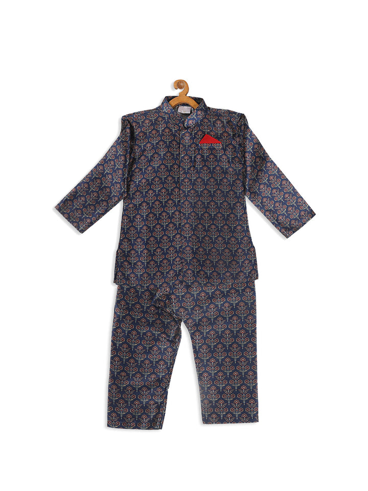 VASTRAMAY Boy's Navy Blue Floral Printed Kurta And Pyjama Set