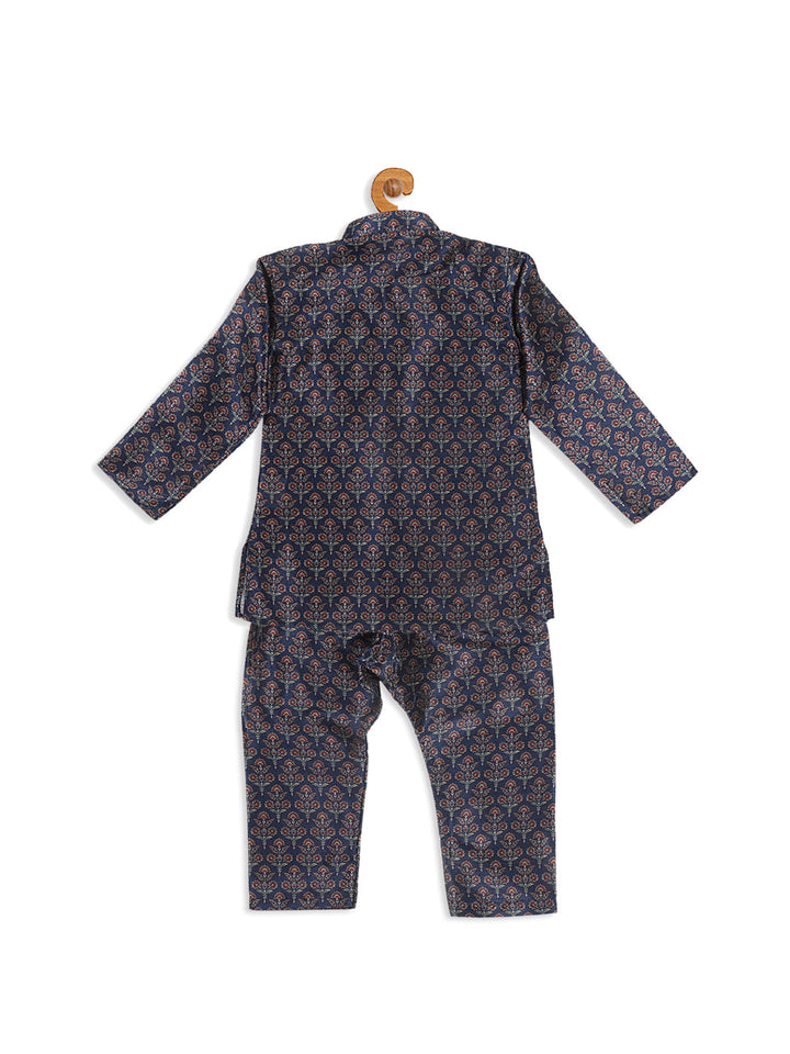 VASTRAMAY Boy's Navy Blue Floral Printed Kurta And Pyjama Set