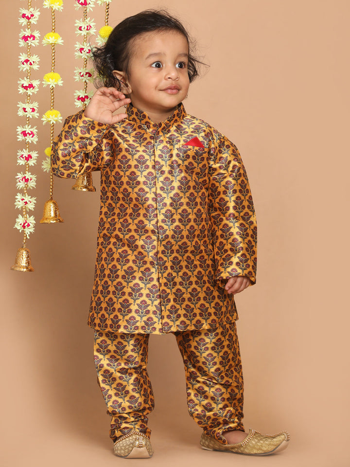 VASTRAMAY Boys Yellow Floral Printed Kurta And Pyjama Set