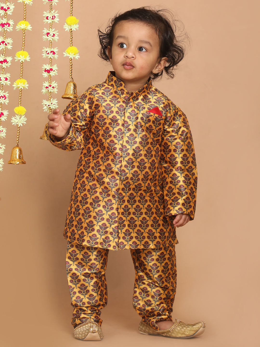 VASTRAMAY Boys Yellow Floral Printed Kurta And Pyjama Set