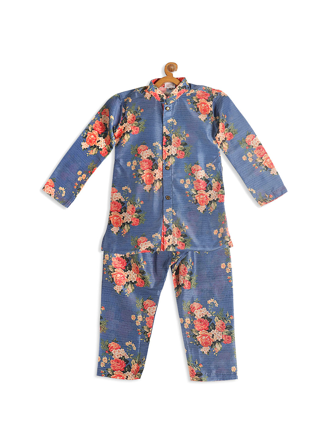 VASTRAMAY Boy's Blue Floral Printed Kurta With Pyjama Set