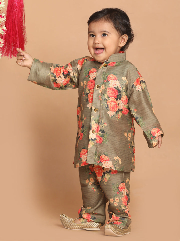 VASTRAMAY Boys Olive Green Floral Printed Kurta With Pyjama Set