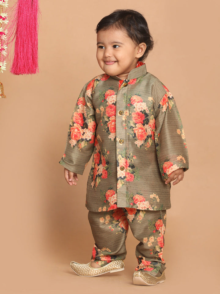 VASTRAMAY Boys Olive Green Floral Printed Kurta With Pyjama Set