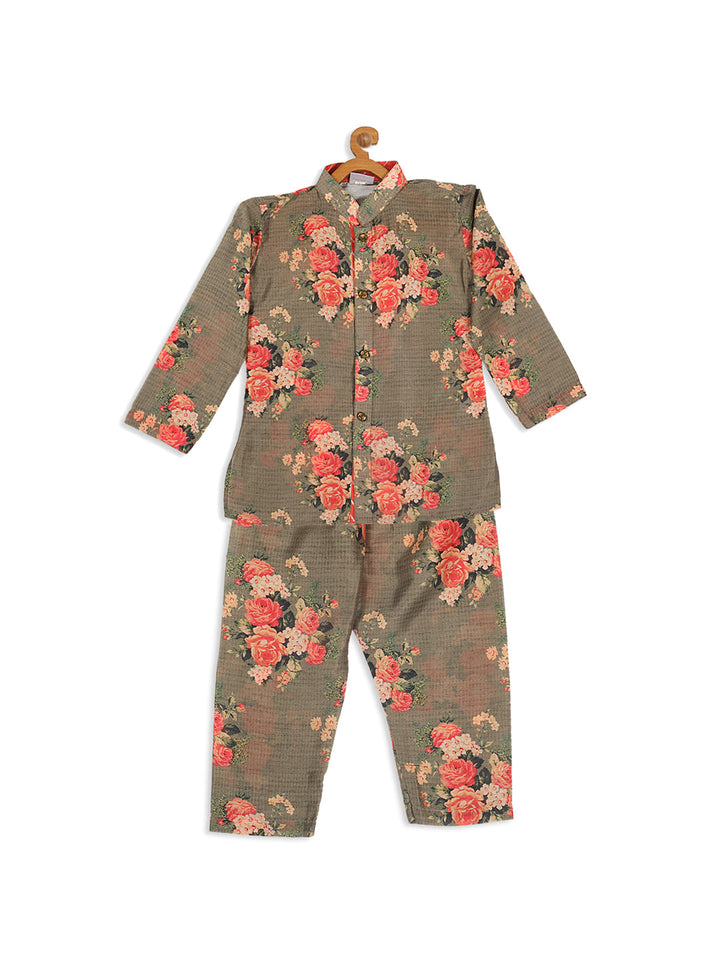 VASTRAMAY Boys Olive Green Floral Printed Kurta With Pyjama Set