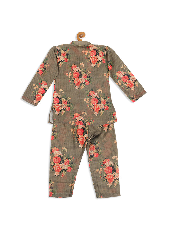 VASTRAMAY Boys Olive Green Floral Printed Kurta With Pyjama Set