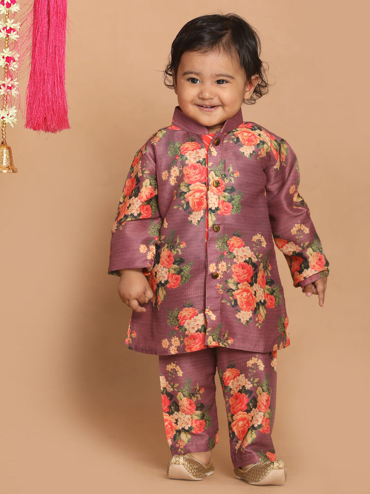 VASTRAMAY Boy's Purple Floral Printed Kurta With Pyjama Set