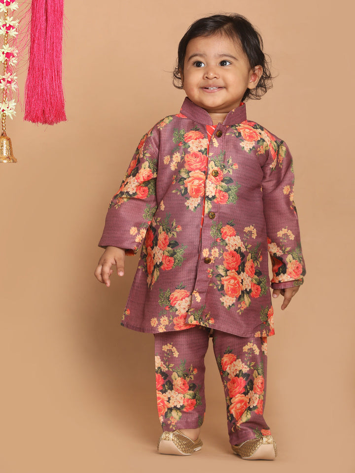 VASTRAMAY Boy's Purple Floral Printed Kurta With Pyjama Set