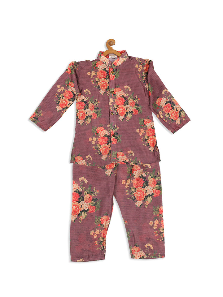 VASTRAMAY Boy's Purple Floral Printed Kurta With Pyjama Set