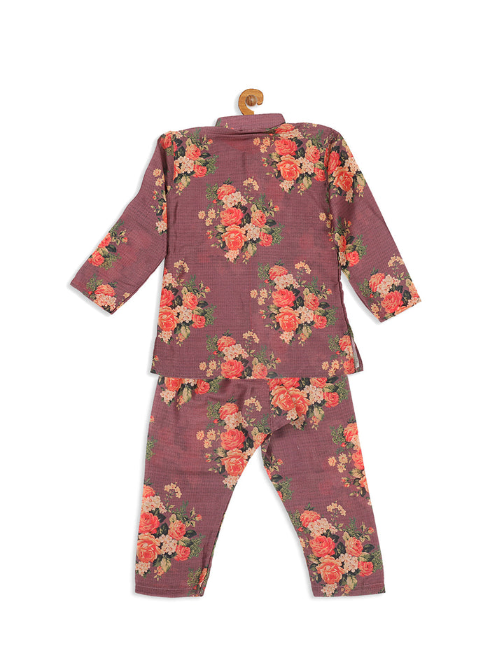 VASTRAMAY Boy's Purple Floral Printed Kurta With Pyjama Set