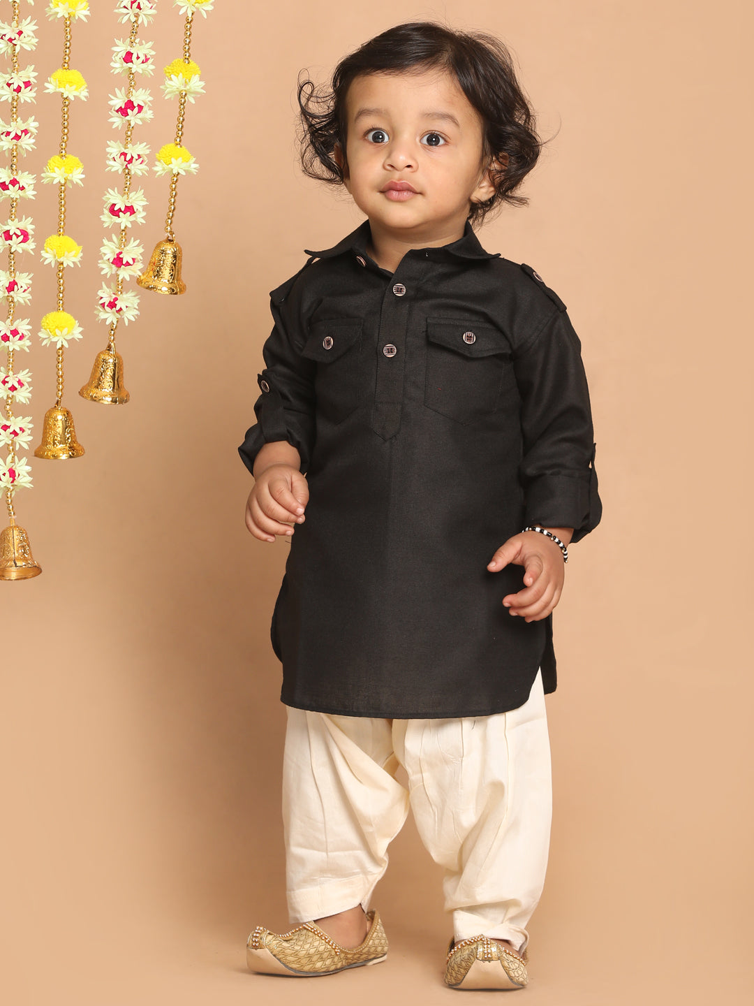 VASTRAMAY Boy's Black Pathani Kurta With Patiala Set