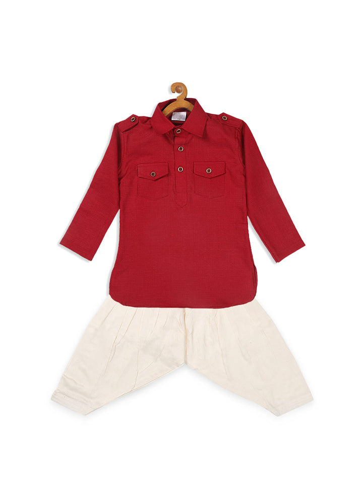 VASTRAMAY Boy's Maroon Pathani Kurta With Patiala Set