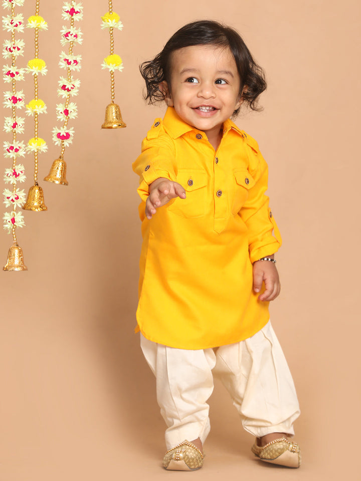 VASTRAMAY Boy's Yellow Pathani Shape Kurta