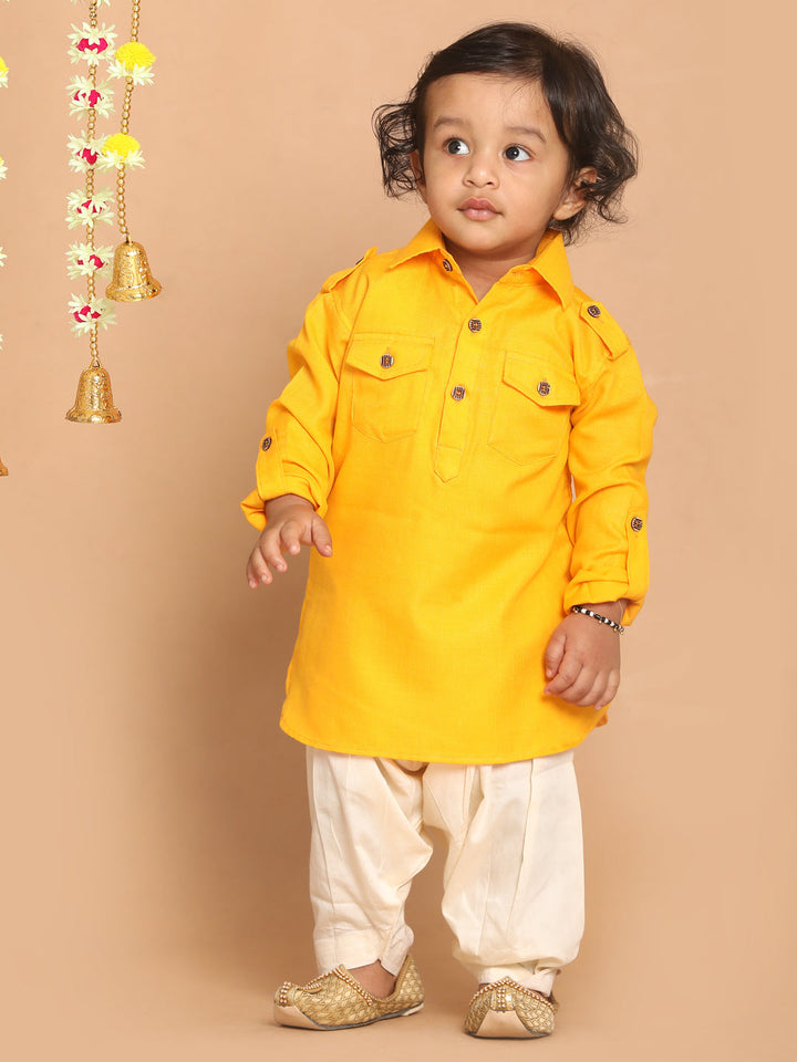 VASTRAMAY Boy's Yellow Pathani Shape Kurta With Cream Patiala Set