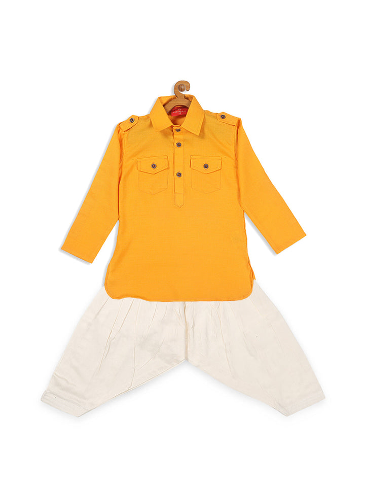 VASTRAMAY Boy's Yellow Pathani Shape Kurta With Cream Patiala Set