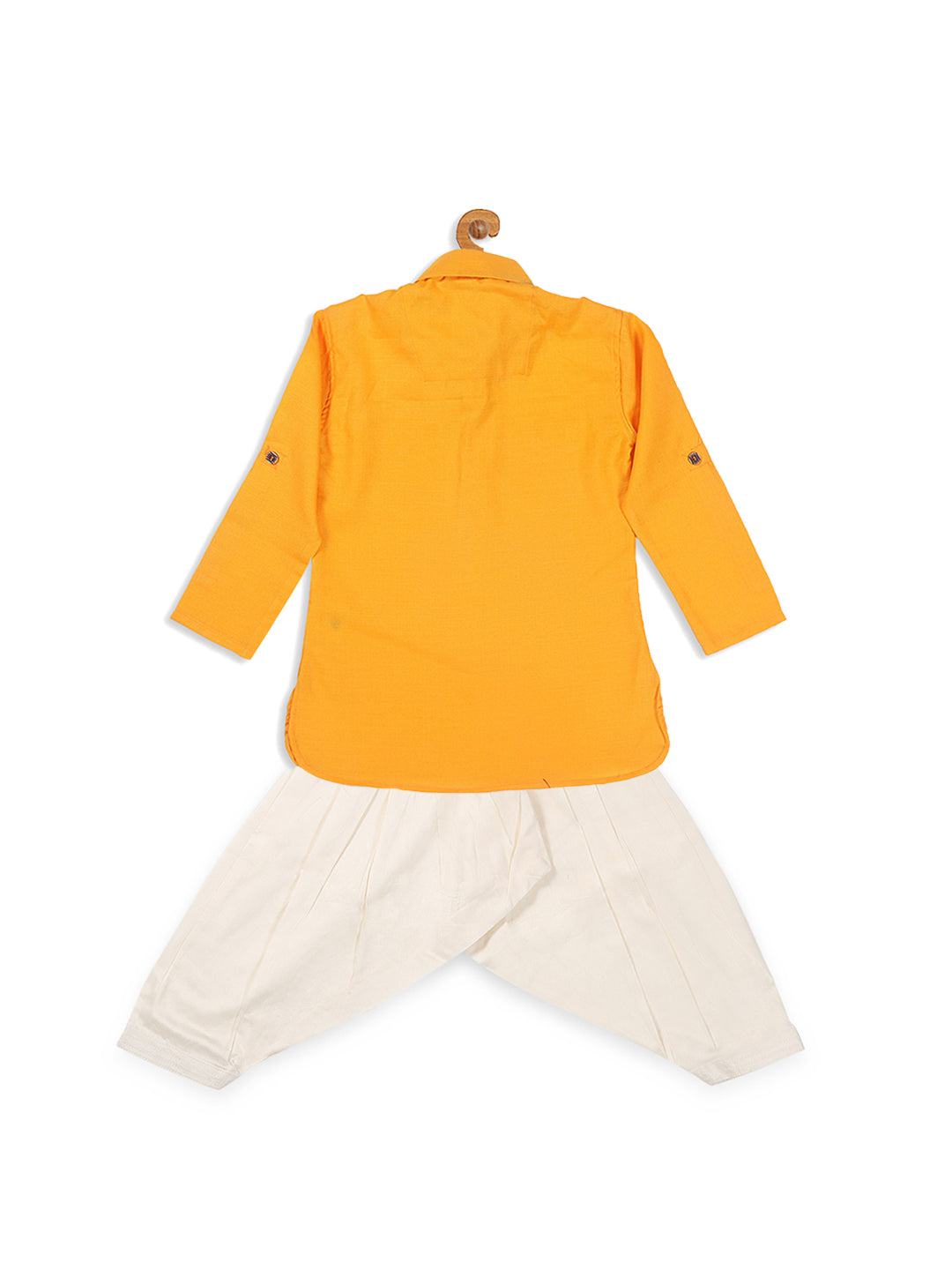 VASTRAMAY Boy's Yellow Pathani Shape Kurta With Cream Patiala Set