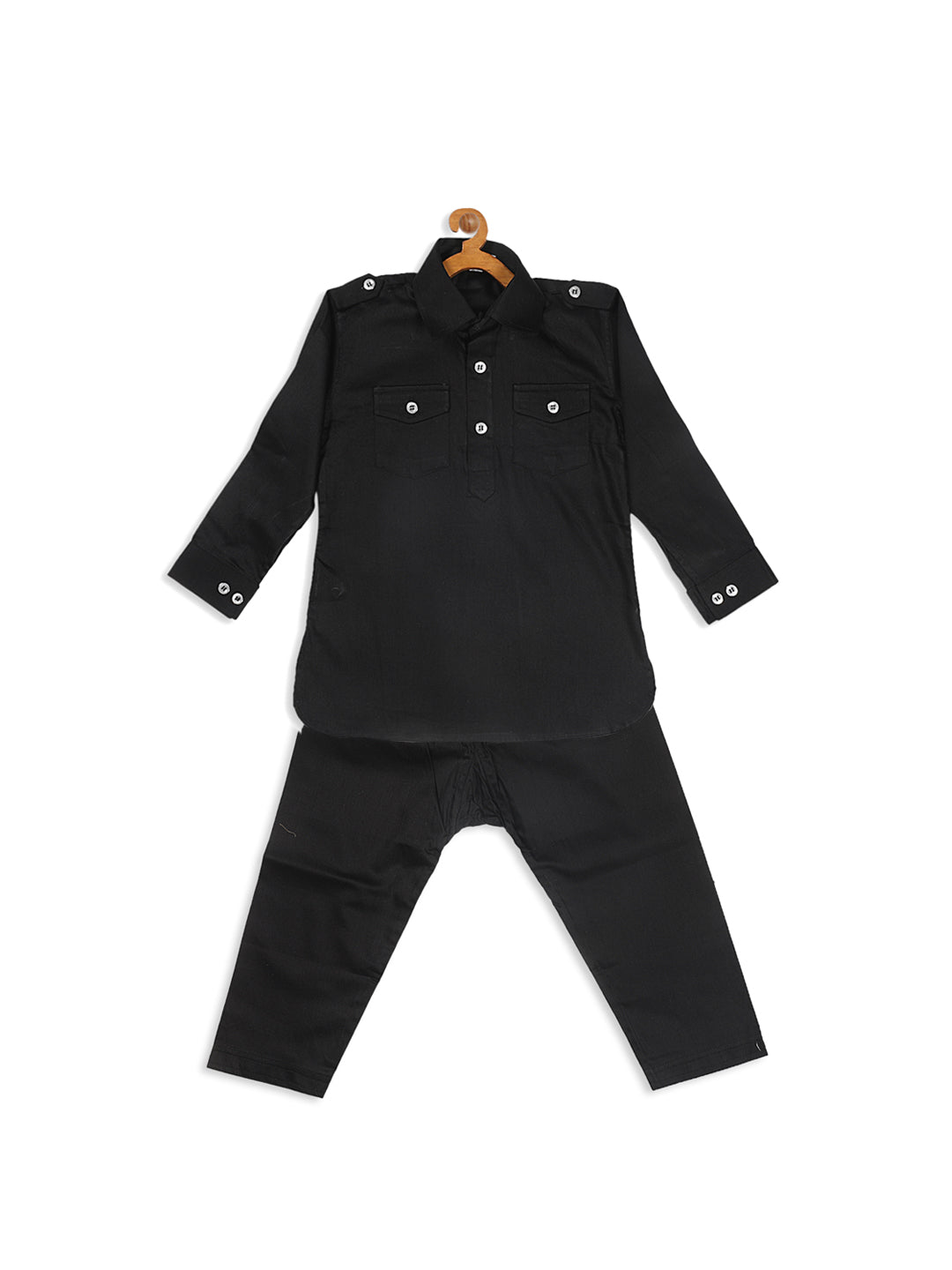 VASTRAMAY SISHU Boy's Black Pure Cotton Pathani Style Kurta With Pyjama Set - qivii