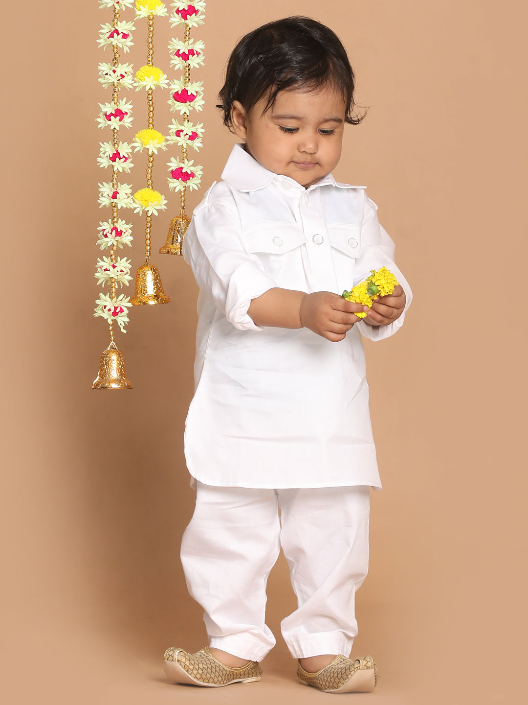 VASTRAMAY Boy's White Pure Pathani Kurta With Pyjama Set