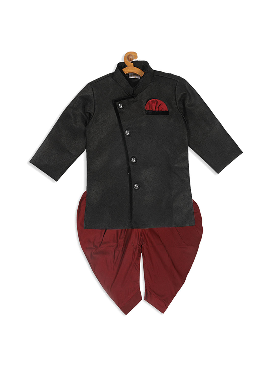 VASTRAMAY SISHU Boys Black & Maroon Solid Sherwani Set - qivii