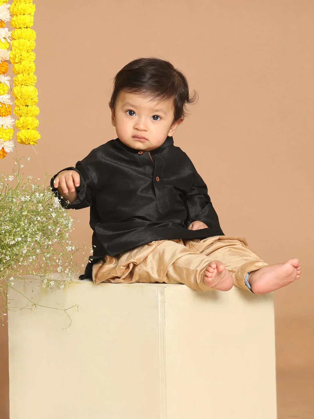 Sishu Boy's Black & Rose Gold-Toned Kurta With Dhoti Pant Set