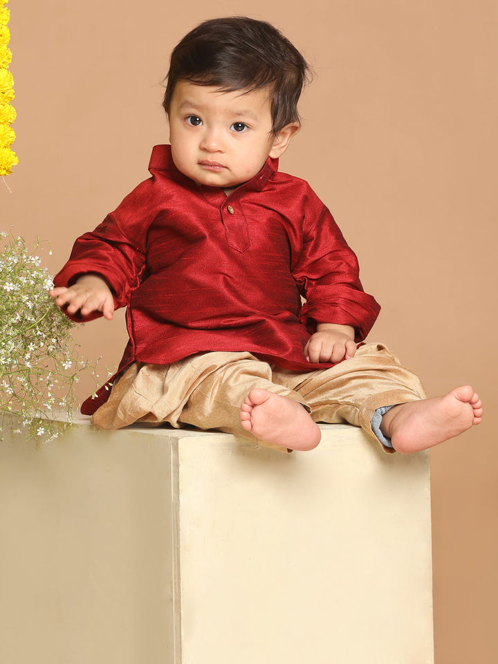 VASTRAMAY Boys Maroon Kurta With Gold Dhoti Pant Set