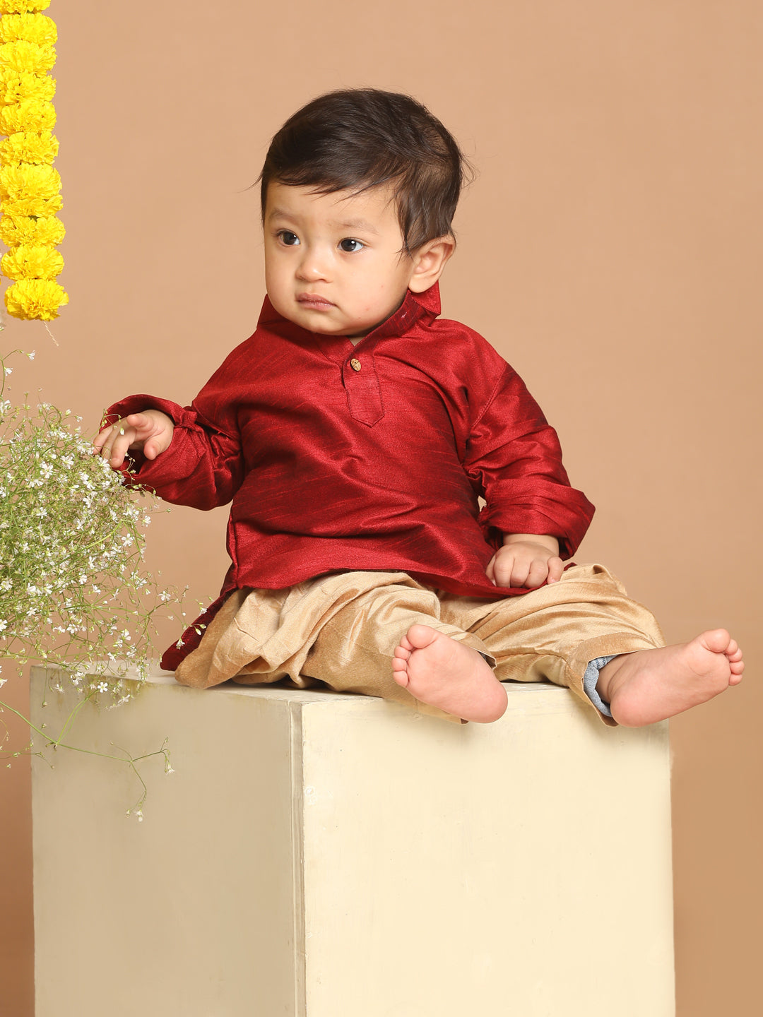 VASTRAMAY Boys Maroon Kurta With Gold Dhoti Pant Set