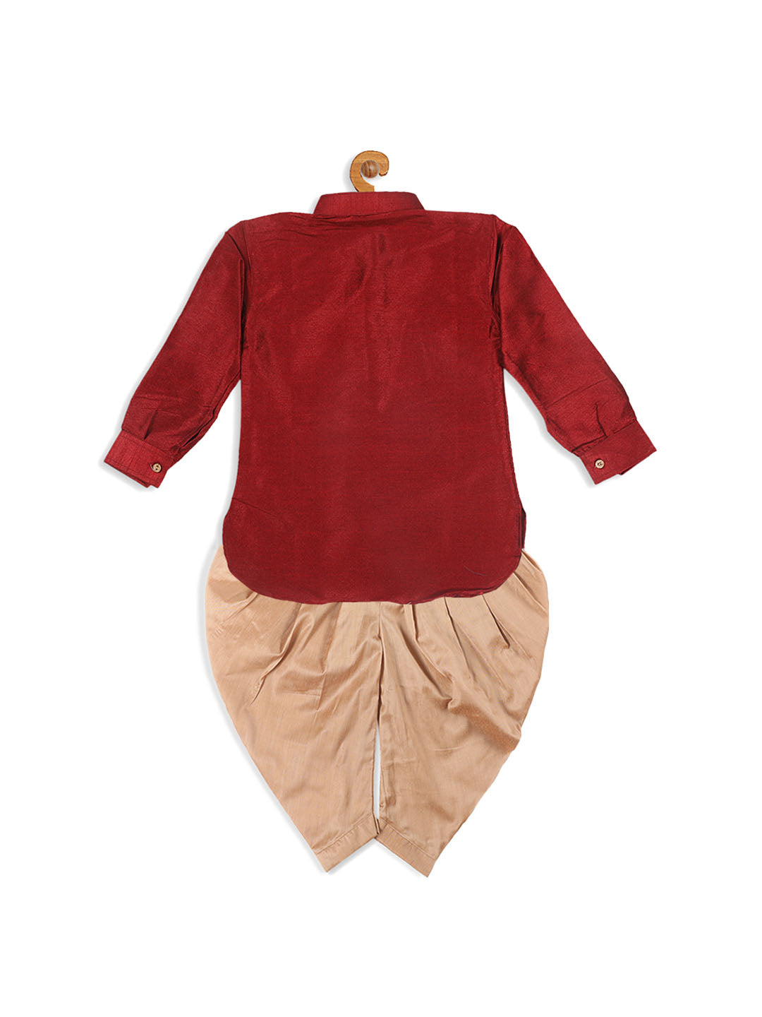 VASTRAMAY Boys Maroon Kurta With Gold Dhoti Pant Set