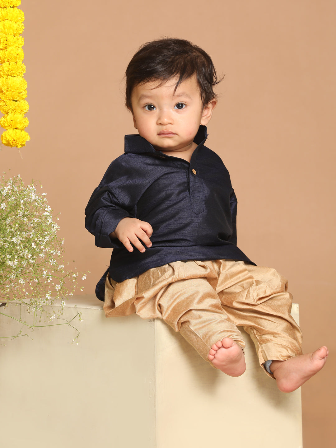 VASTRAMAY SISHU Boy's Navy Blue Kurta And Rose Gold Dhoti Set - qivii