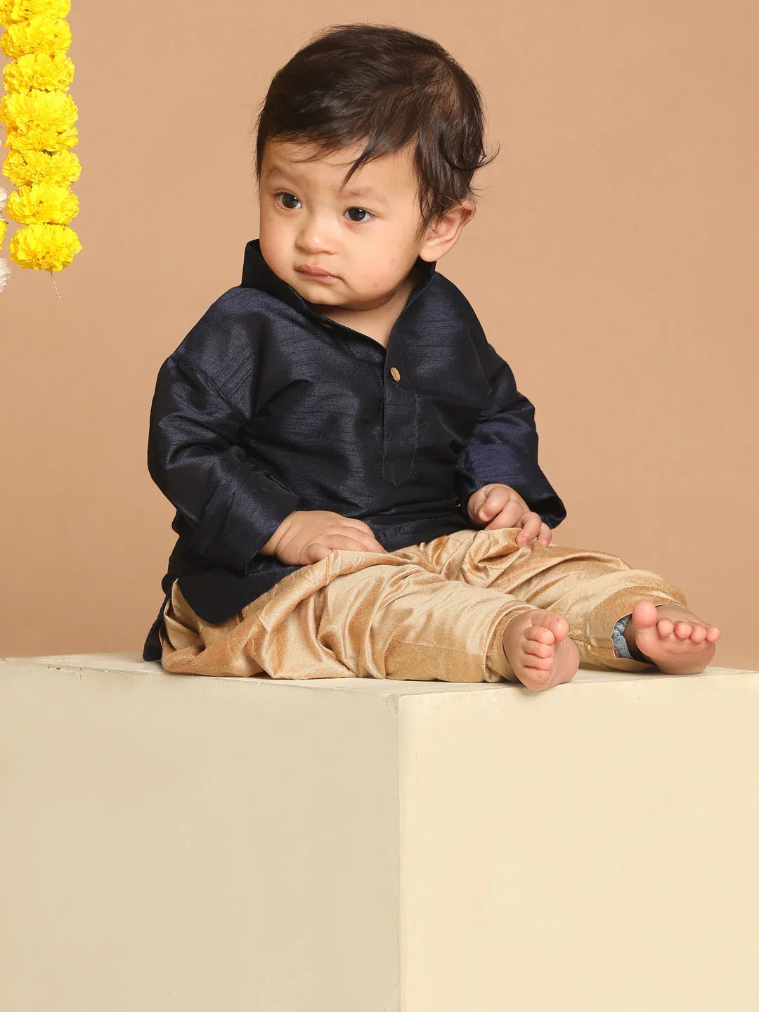 Sishu Boy's Navy Blue Kurta And Rose Gold Dhoti Set