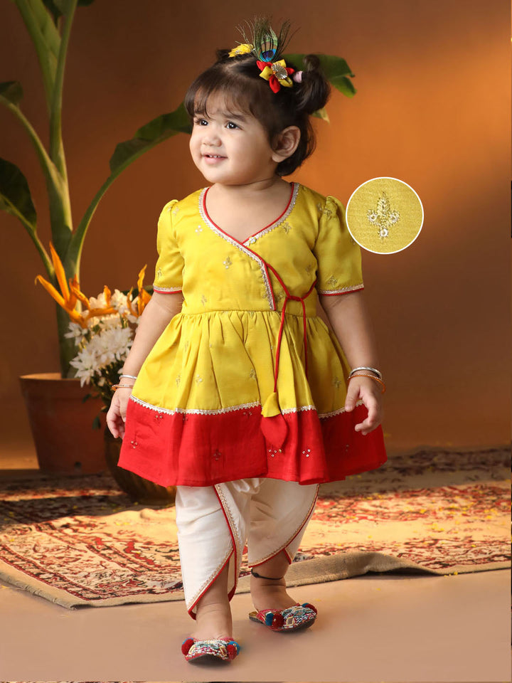 VASTRAMAY Girls' Yellow And Cream Dhoti Kurta Set