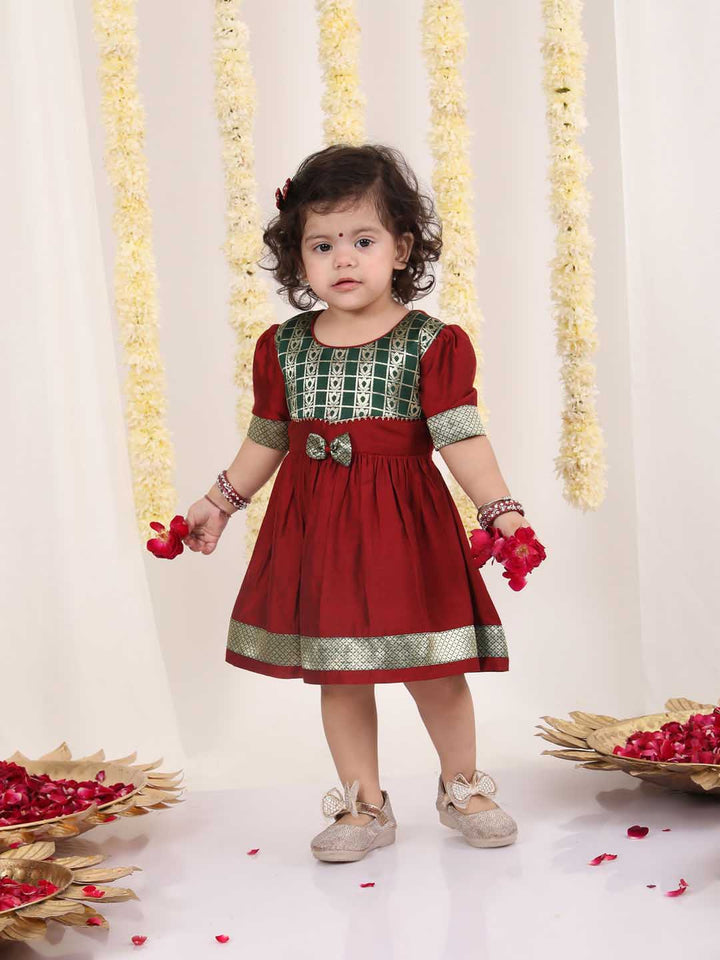 VASTRAMAY Girl's Maroon And Green Banarsi Frock