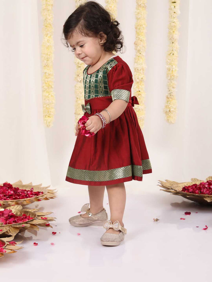 VASTRAMAY Girl's Maroon And Green Banarsi Frock