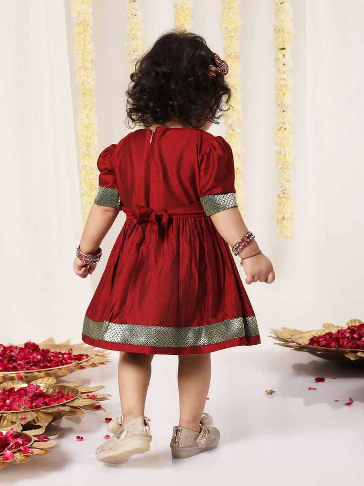 VASTRAMAY Girl's Maroon And Green Banarsi Frock