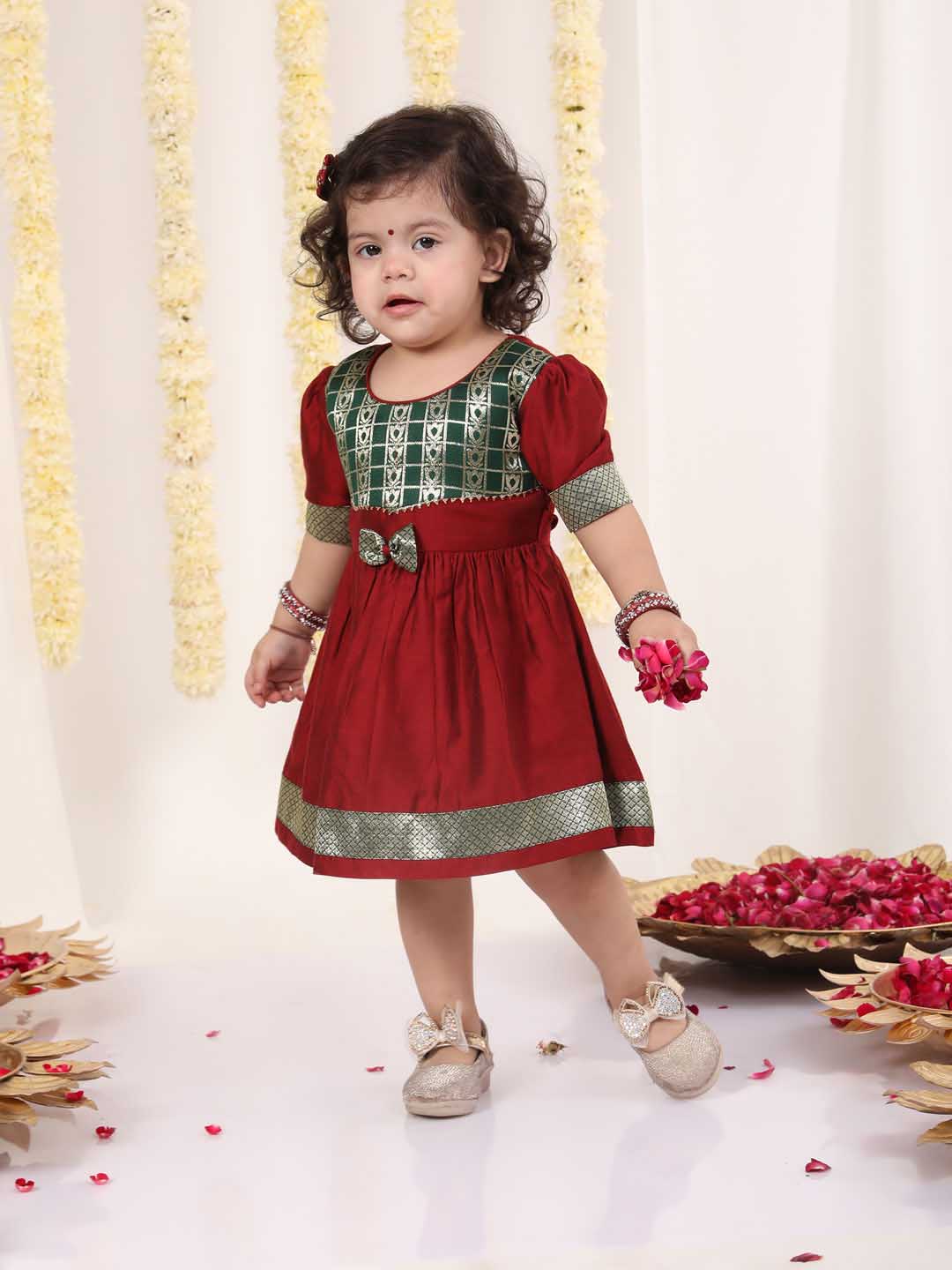 VASTRAMAY Girl's Maroon And Green Banarsi Frock