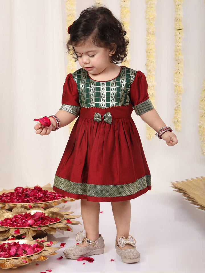 VASTRAMAY Girl's Maroon And Green Banarsi Frock