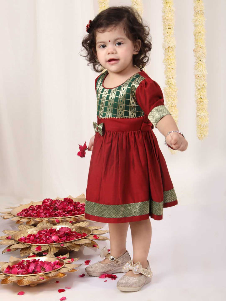 VASTRAMAY Girl's Maroon And Green Banarsi Frock