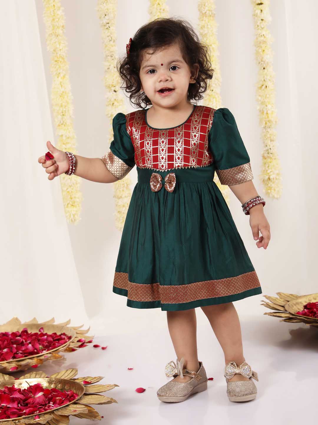 VASTRAMAY Girl's Maroon And Green Banarsi Frock