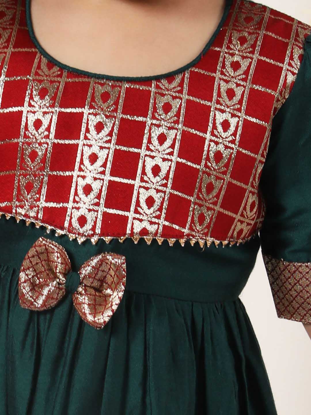 VASTRAMAY Girl's Maroon And Green Banarsi Frock