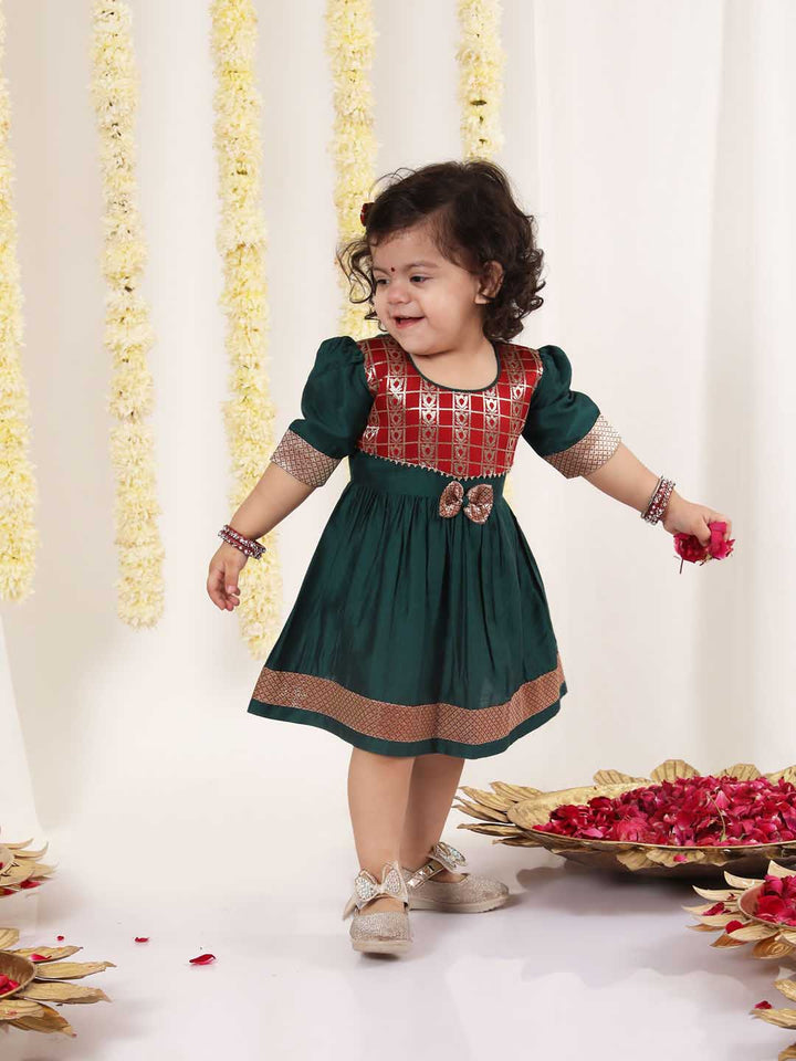 VASTRAMAY Girl's Maroon And Green Banarsi Frock