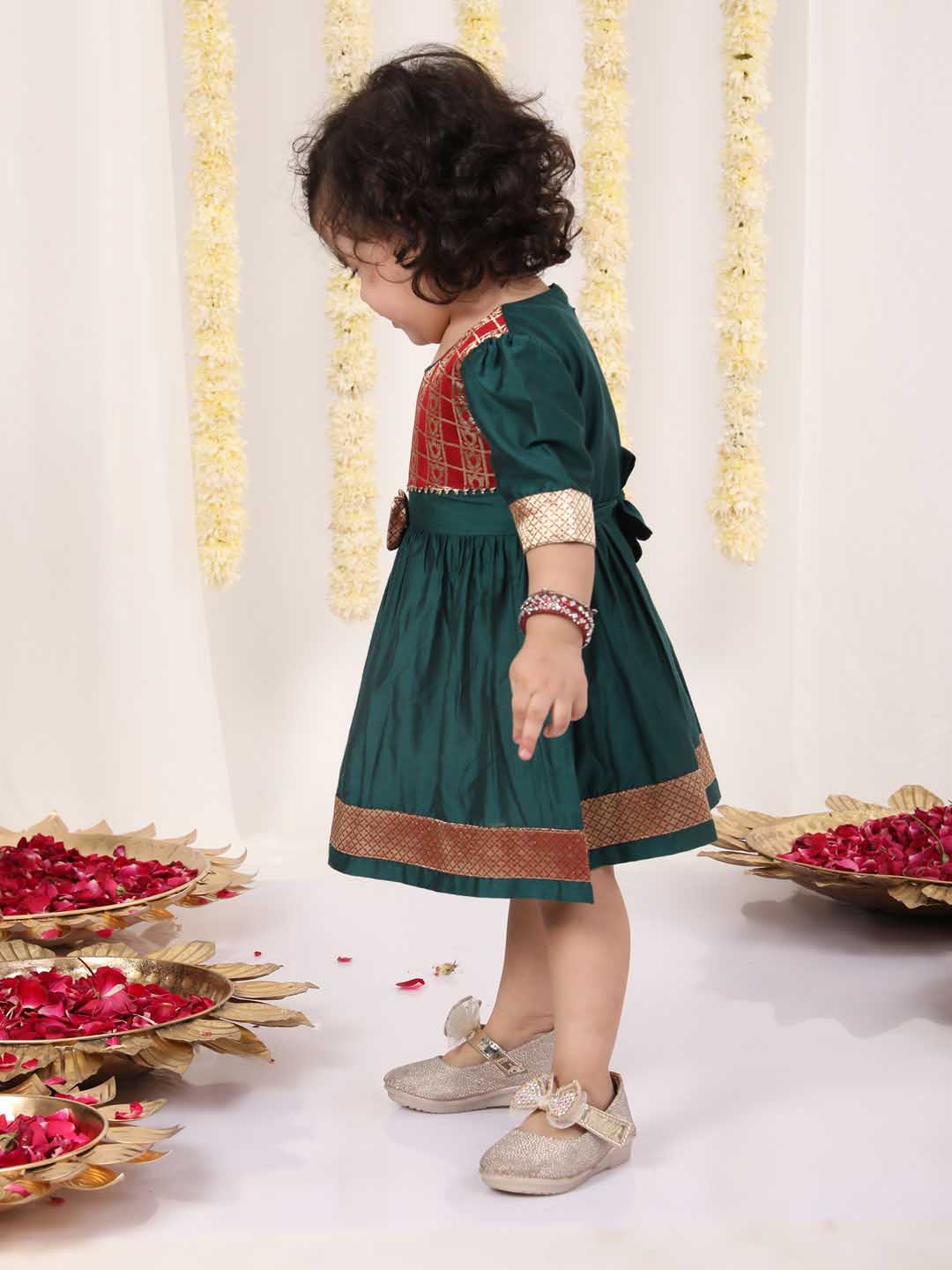 VASTRAMAY Girl's Maroon And Green Banarsi Frock