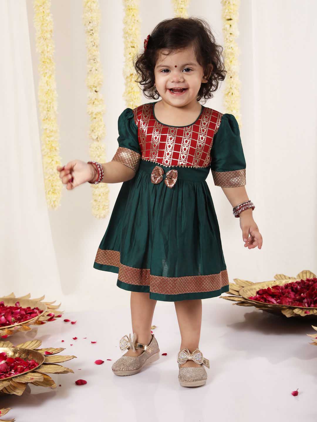 VASTRAMAY Girl's Maroon And Green Banarsi Frock