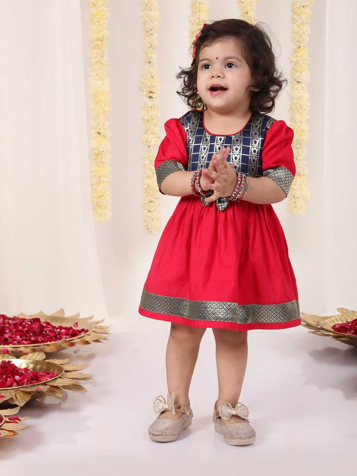 VASTRAMAY Girl's Navy Blue And Pink Banarsi Frock