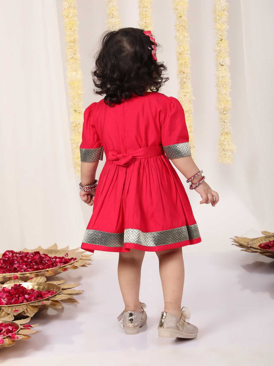 VASTRAMAY Girl's Navy Blue And Pink Banarsi Frock